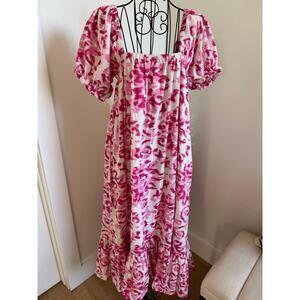 Boutique Ikat Print Cotton Puff Sleeve Midi Dress Pink White OS-Cottage/ Boho